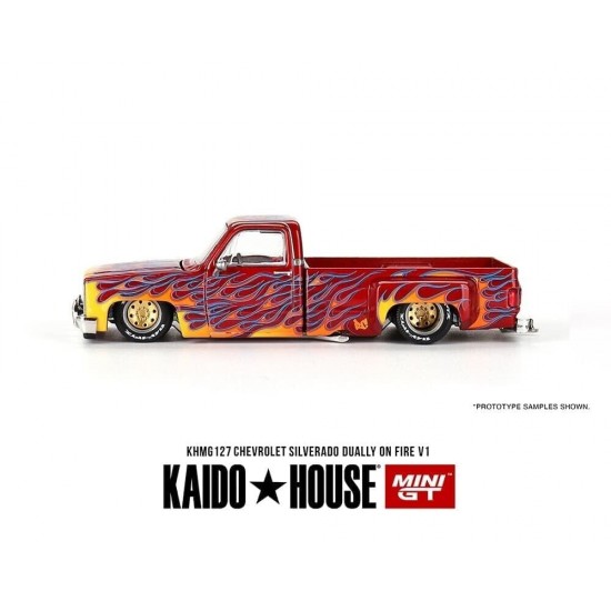 Mini GT Kaido House 1/64 Chevrolet Silverado Dually on Fire V1 1980, red