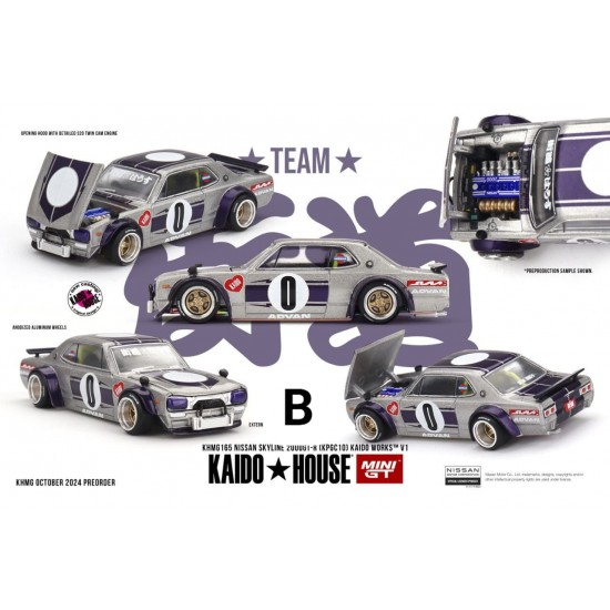Mini GT Kaido House 1/64 1969 Nissan Skyline GT-R (KPGC10) Kaido Works V1, silver/purple
