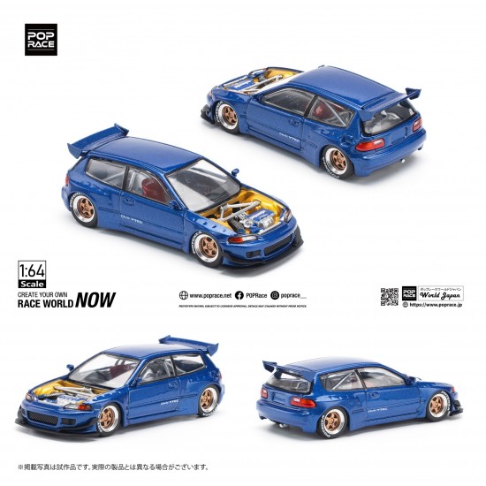 Pop Race 1/64 Pandem Civic EG6, metallic blue with open hood