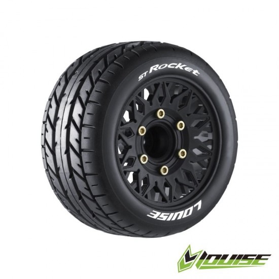 Louise ST-Rocket 1/10 Stadium Truck Tires Soft 12/14/17mm Hex - 2 gumi na črnih platiščih
